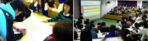 これまで行われた授業の様子。左は総合政策学部・外国語学部、右は医学部