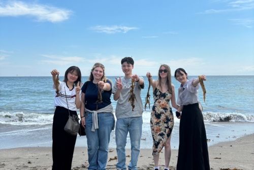 学生が少人数グループで鎌倉を案内