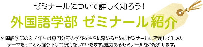 ゼミナールについて詳しく知ろう！ 外国語学部 ゼミナール紹介 外国語学部の３，4年生は専門分野の学びをさらに深めるためにゼミナールに所属して1つのテーマをとことん掘り下げて研究をしていきます。魅力あるゼミナールをご紹介します。