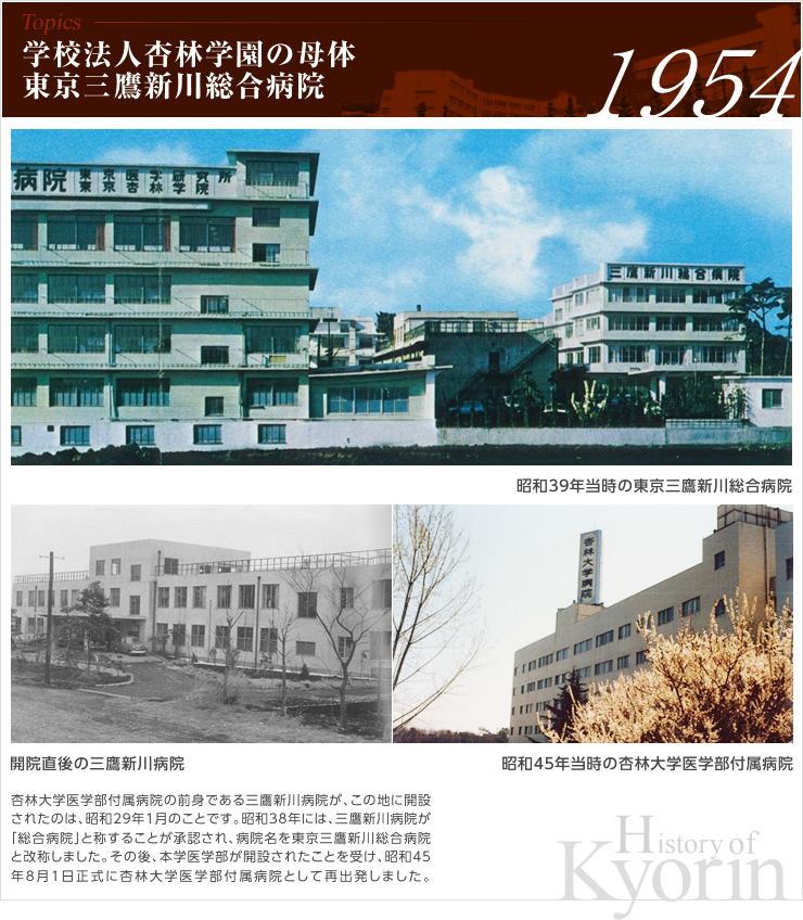 学校法人杏林学園の母体 東京三鷹新川総合病院 杏林大学医学部付属病院の前身である三鷹新川病院が、この地に開設されたのは、昭和29年1月のことです。昭和38年には、三鷹新川病院が「総合病院」と称することが承認され、病院名を東京三鷹新川総合病院と改称しました。その後、本学医学部が開設されたことを受け、昭和45年8月1日正式に杏林大学医学部付属病院として再出発しました。