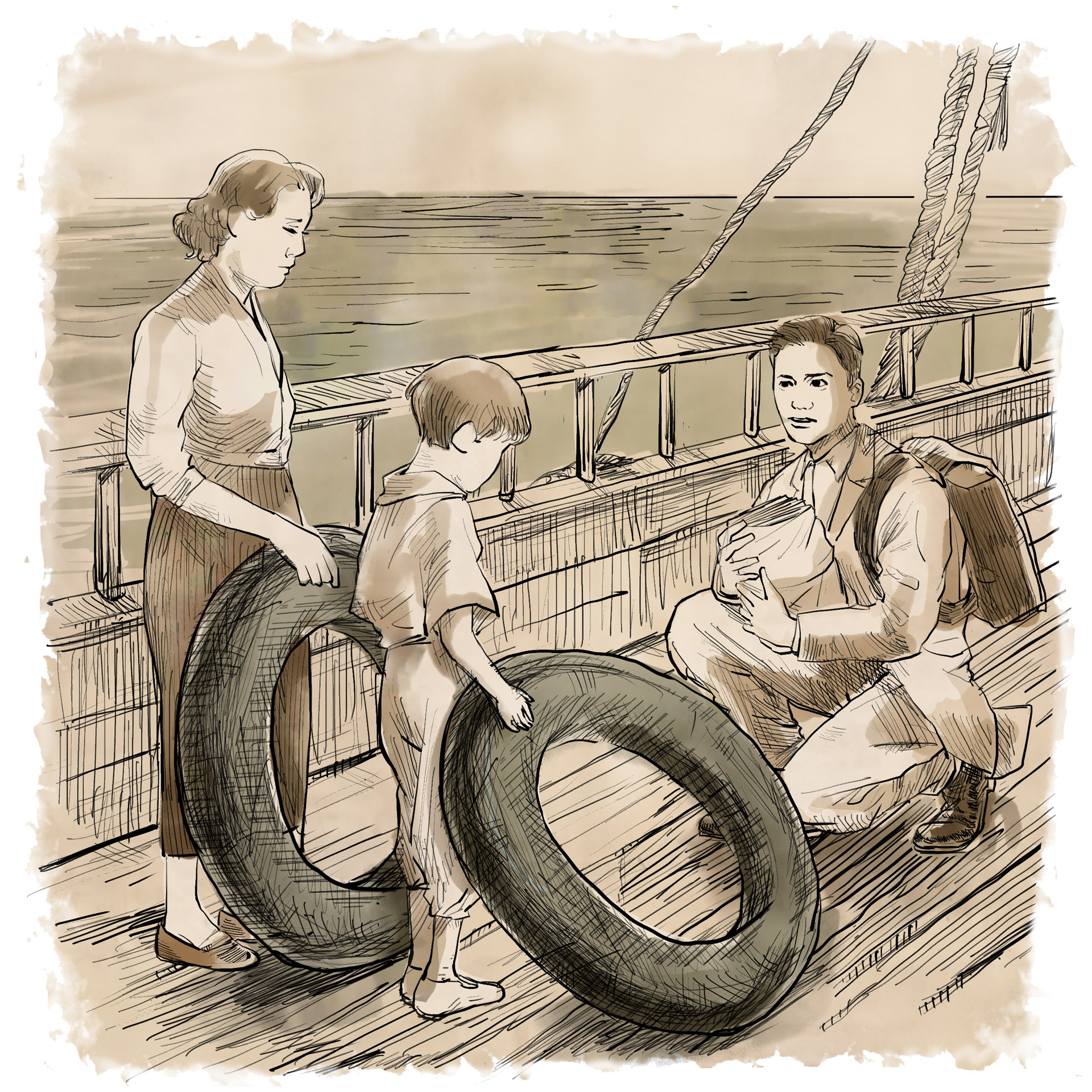 船上で家族にタイヤを渡し、論文を抱える松田進勇